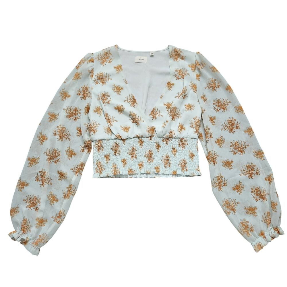 Wilfred Floral Smocked Crop Top Snowmelt Blue Size Medium
